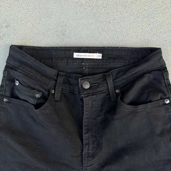 Levis 725 High Rise Bootcut Jeans Women 28 Black Stretch Denim Flare L32 - Picture 7 of 11